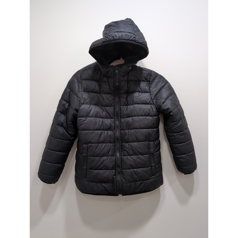 Lands' End Girls Reversible Hooded Puffer Jacket Black Faux Fur Size L 10-12